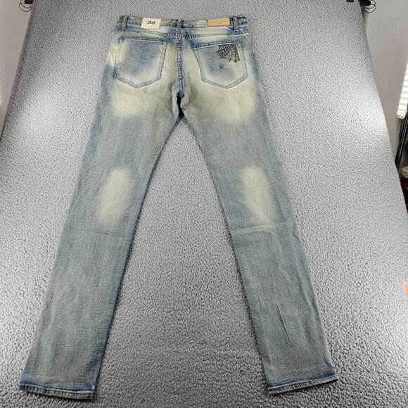 mnml X182 Stretch Denim Jeans Mens 36 Blue Los Angeles Graphic Distressed Slim - Picture 13 of 16